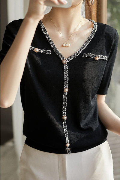 V-neck Tweed Pearl Decorated Knit Top - 2 Colors Available