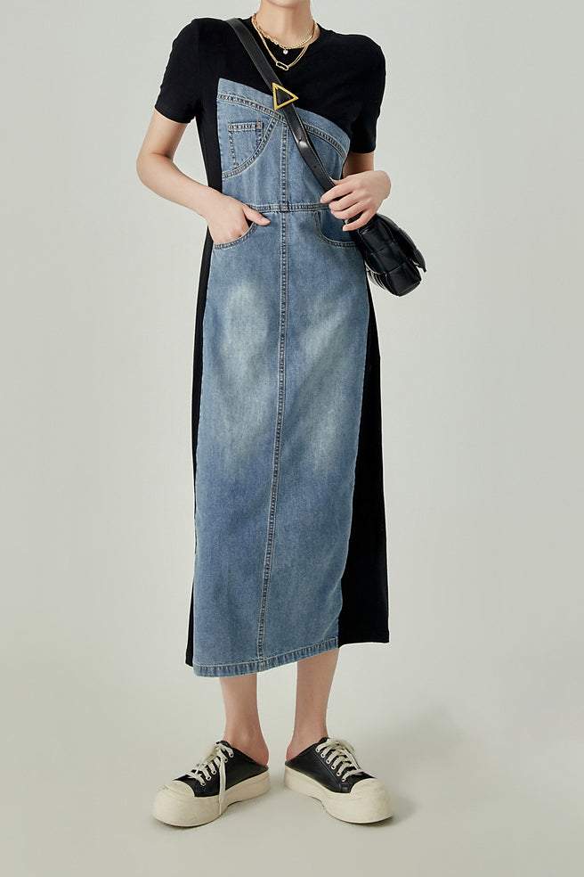 Mixed Material Contrast Back Slit Long Shift Denim Dress