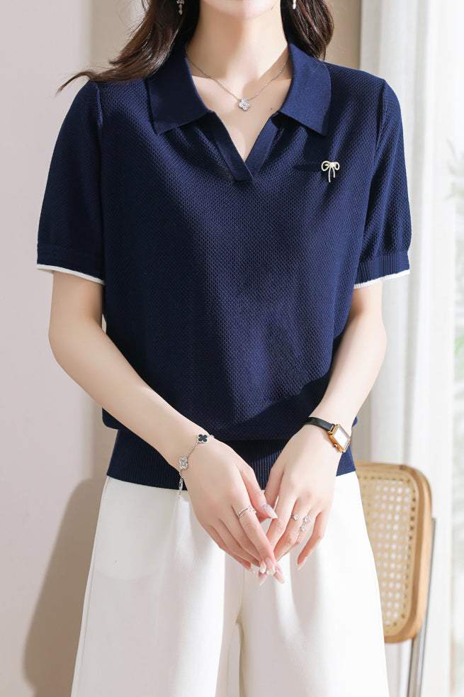 Skipper Collar Brooch Decor Knit Top - 3 Colors Available