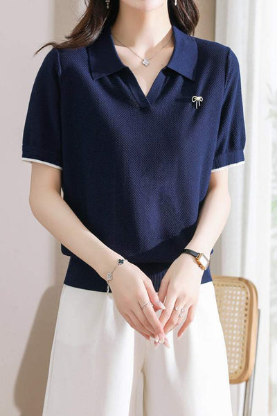Skipper Collar Brooch Decor Knit Top - 3 Colors Available