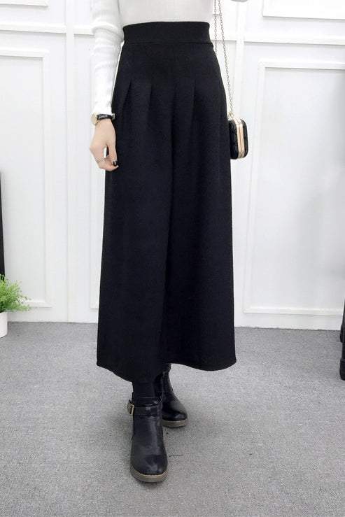 High-Waisted Casual Wool Wide-Leg Trousers
