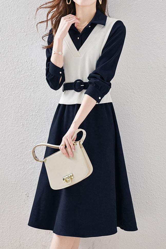 Layered Look Polo Collar Buckle Belted Dress - 3 Colors Available