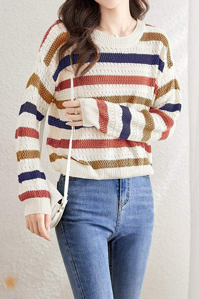 Color-Block Striped Loose Hollow-Out Long Sleeve Top