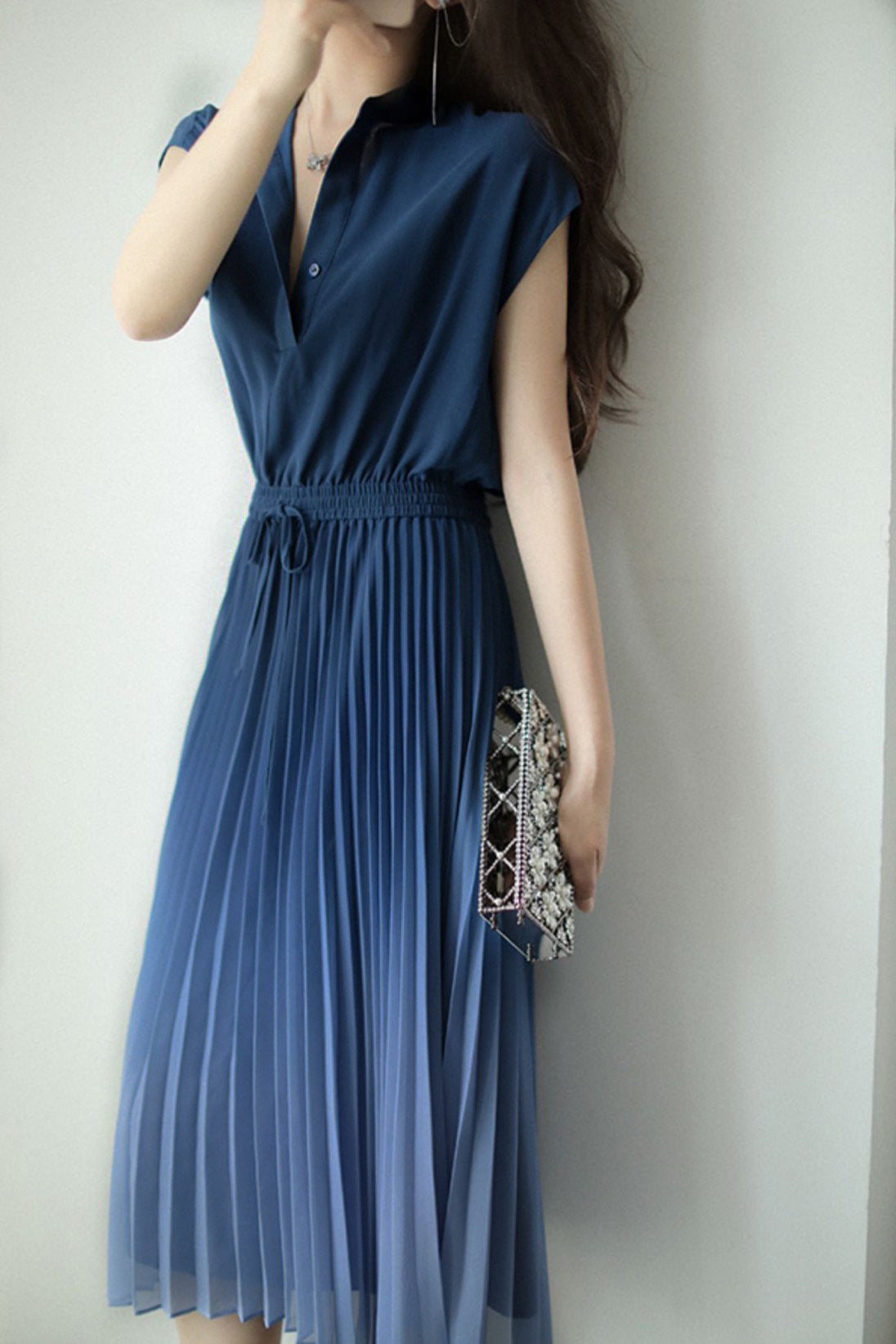Key Neck Ombre Pleated Dress with Lining - 3 Colors Available
