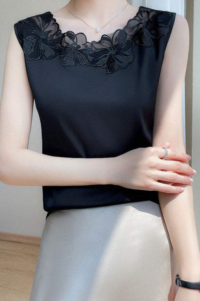 Round Neck Embroidered Lace Contrast Satin Vest - 3 Colors Available