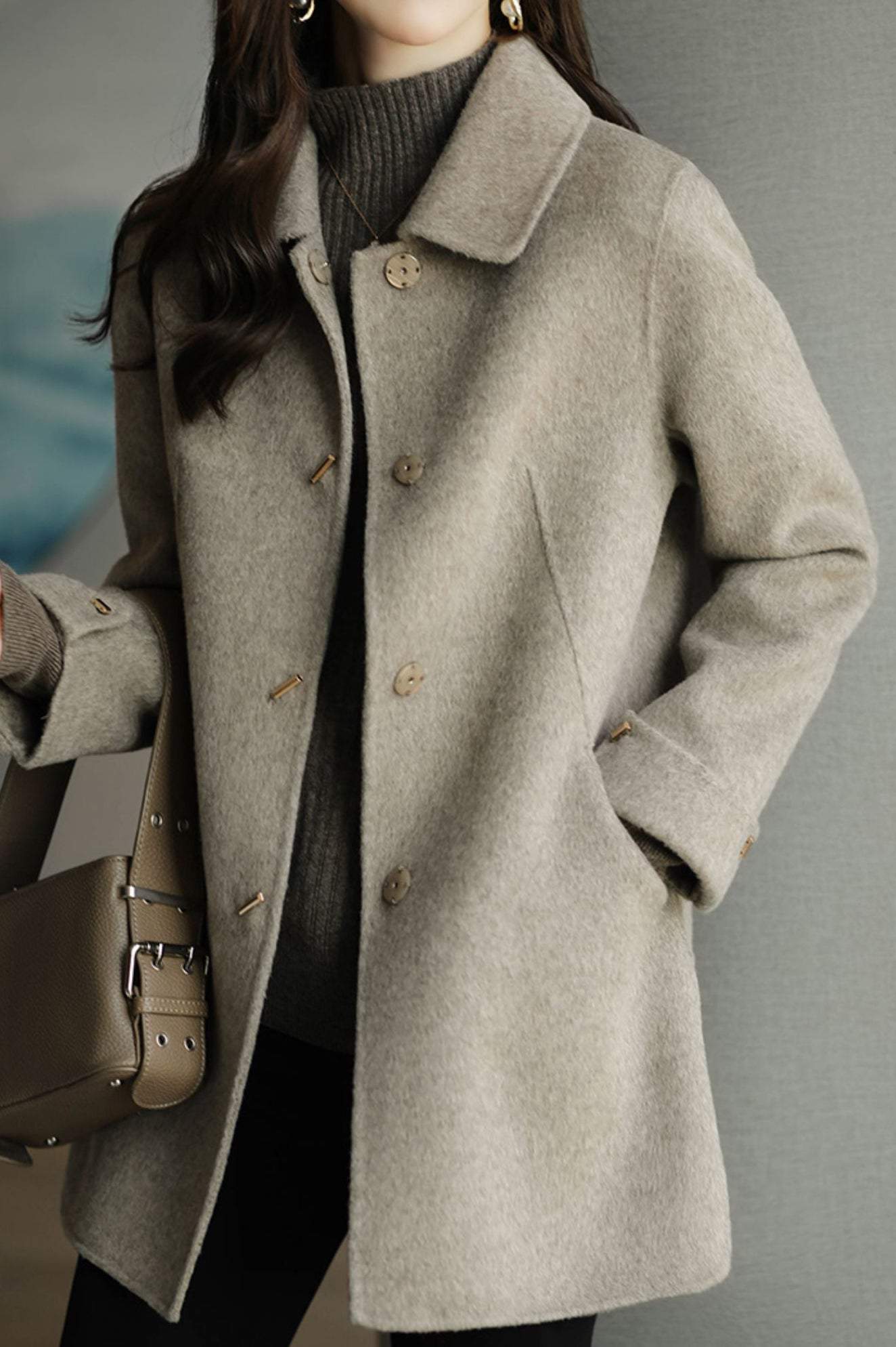 Stand Collar Turn-Up Cuff Melton Coat with Lining