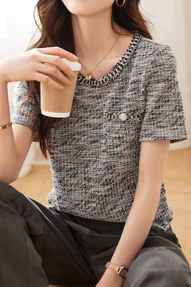 Elegant Round Neck Tweed T-shirt