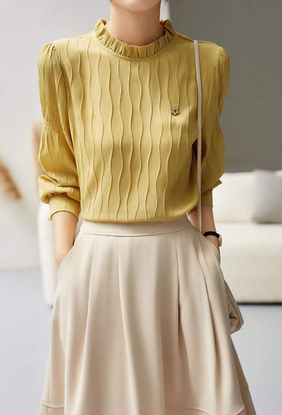 Ruffled Collar Flower Brooch Decor Striped Blouse - 3 Colors Available