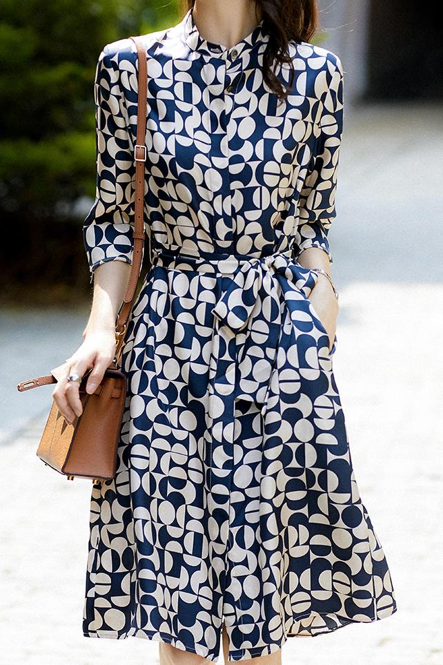 Placket Front Geometric Pattern Belted Shirt Dress