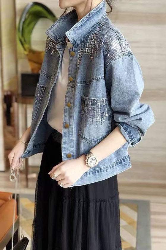 Sequin-Spliced Denim Jacket