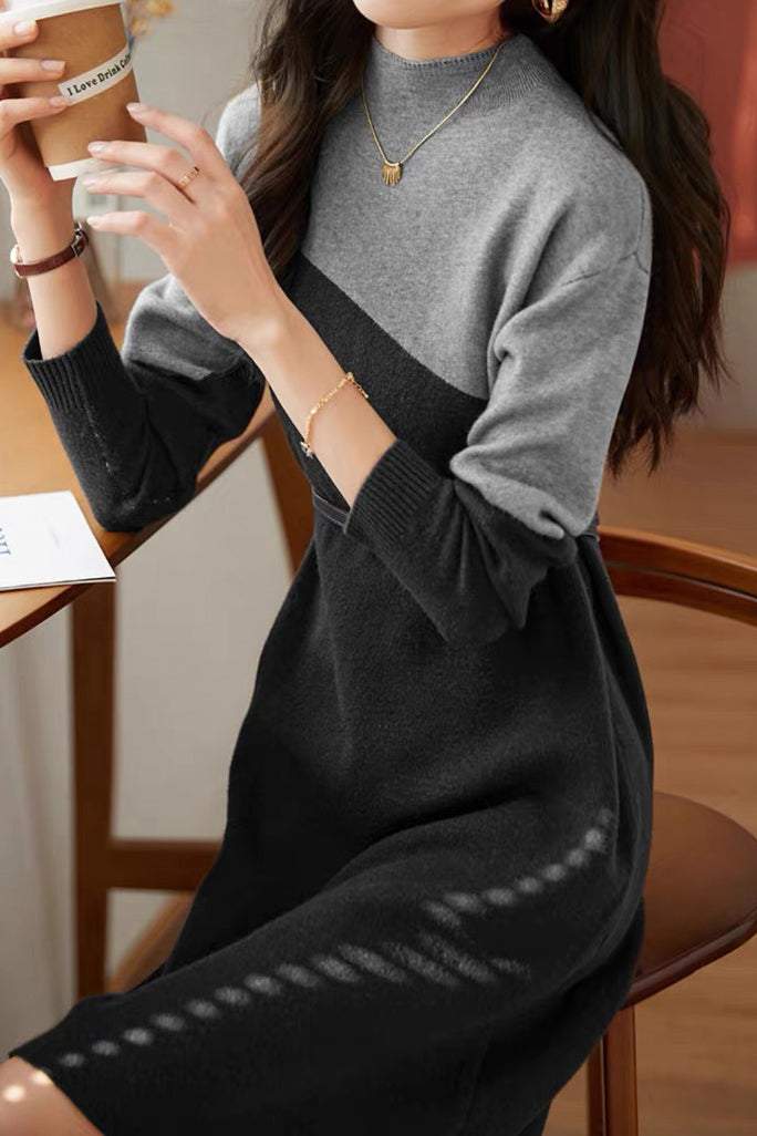 Bottle Neck Bi-Color Belted Knit Dress - 2 Colors Available