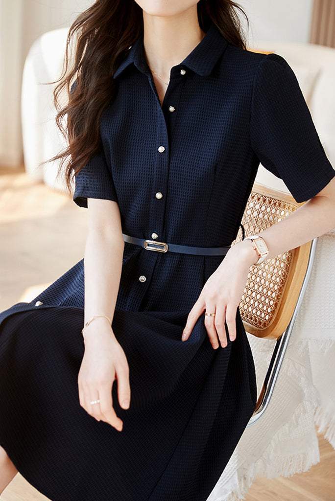 Shirt Collar Belted Waffle Dress