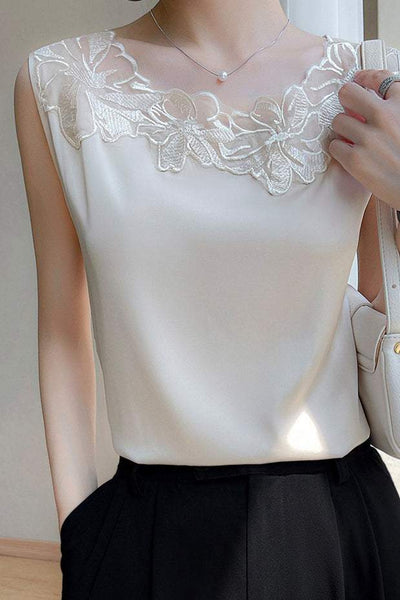 Round Neck Embroidered Lace Contrast Satin Vest - 3 Colors Available