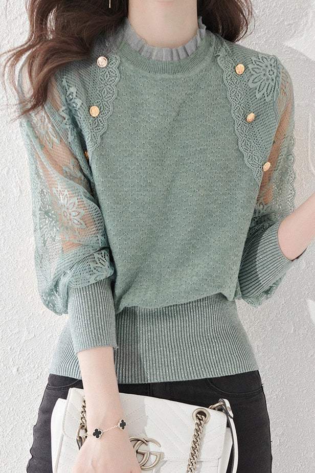 Button Decor Flower Tulle Sleeve Knit Top - 3 Colors Available