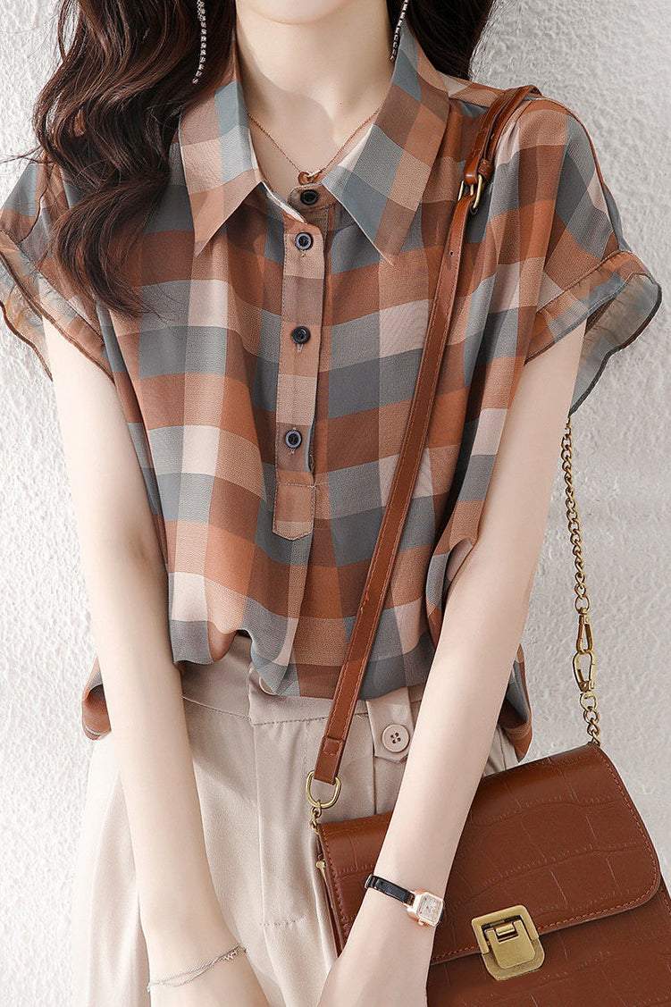 Polo Collar Check Pattern Frill Contrast Blouse
