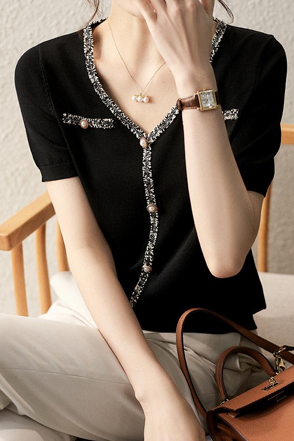 V-neck Tweed Pearl Decorated Knit Top - 2 Colors Available