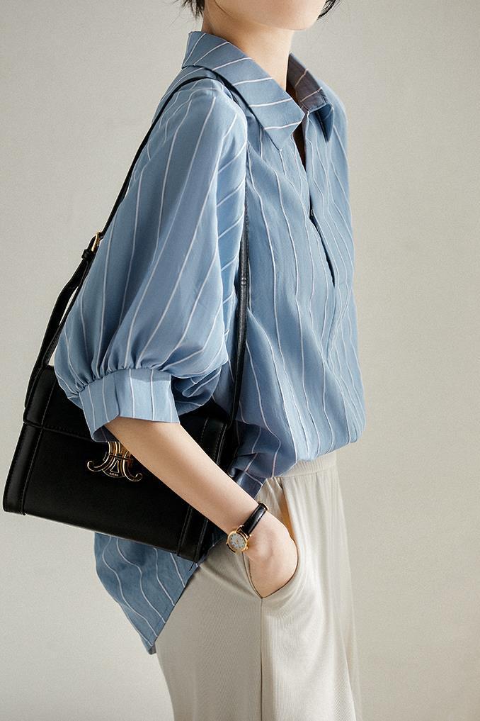 Back Button Skipper Stripe Blouse