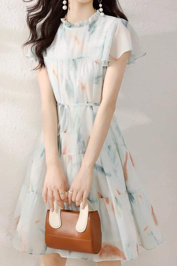 Ruffled Collar Flare Sleeve Tiered Dress with Lining