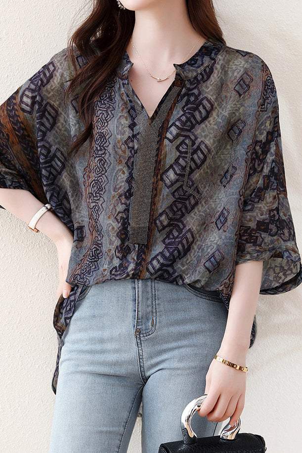 Skipper Collar Rhinestone Decor Printed Tunic