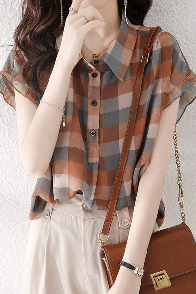 Polo Collar Check Pattern Frill Contrast Blouse