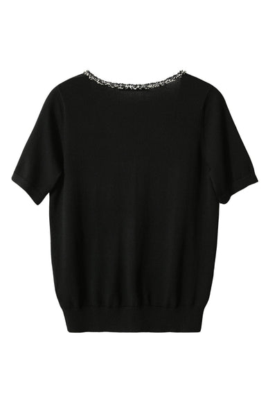 V-neck Tweed Pearl Decorated Knit Top - 2 Colors Available