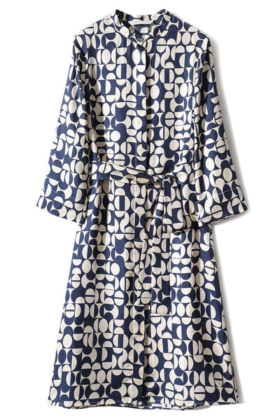 Placket Front Geometric Pattern Belted Shirt Dress