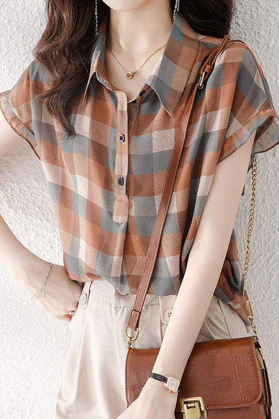 Polo Collar Check Pattern Frill Contrast Blouse