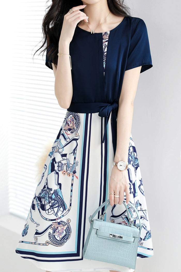 Round Neck Illusory Print Color-Blocked Belted Dress