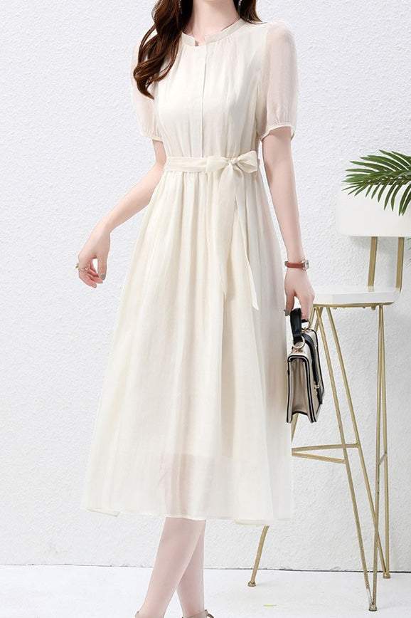 Nail Color Pintuck Belted Long Dress with Lining - 3 Colors Available