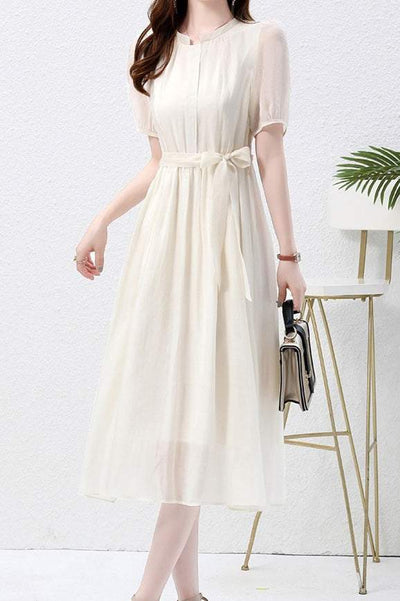 Nail Color Pintuck Belted Long Dress with Lining - 3 Colors Available