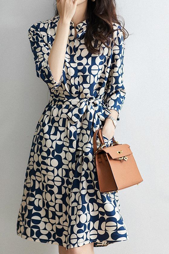 Placket Front Geometric Pattern Belted Shirt Dress