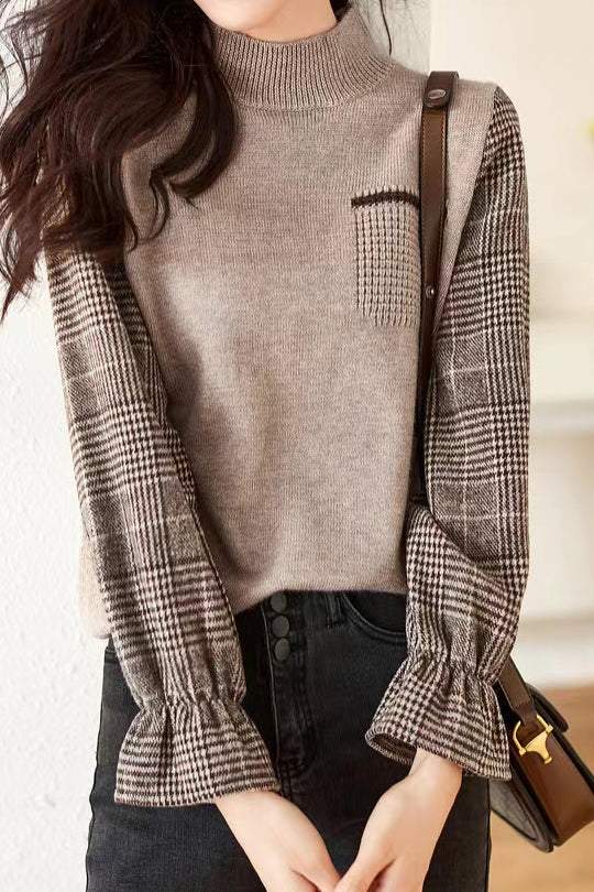 High Neck Houndstooth Contrast Knit Top - 3 Colors Available