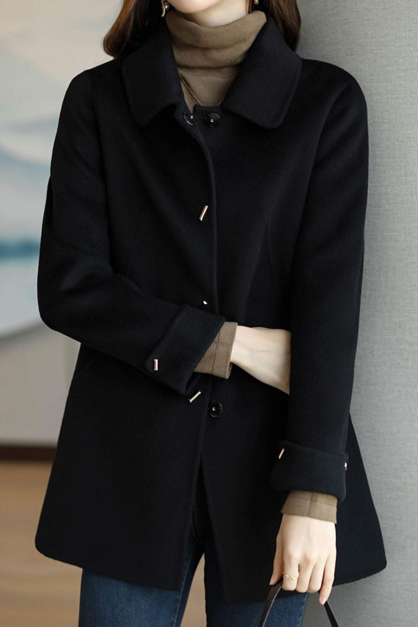 Stand Collar Turn-Up Cuff Melton Coat with Lining