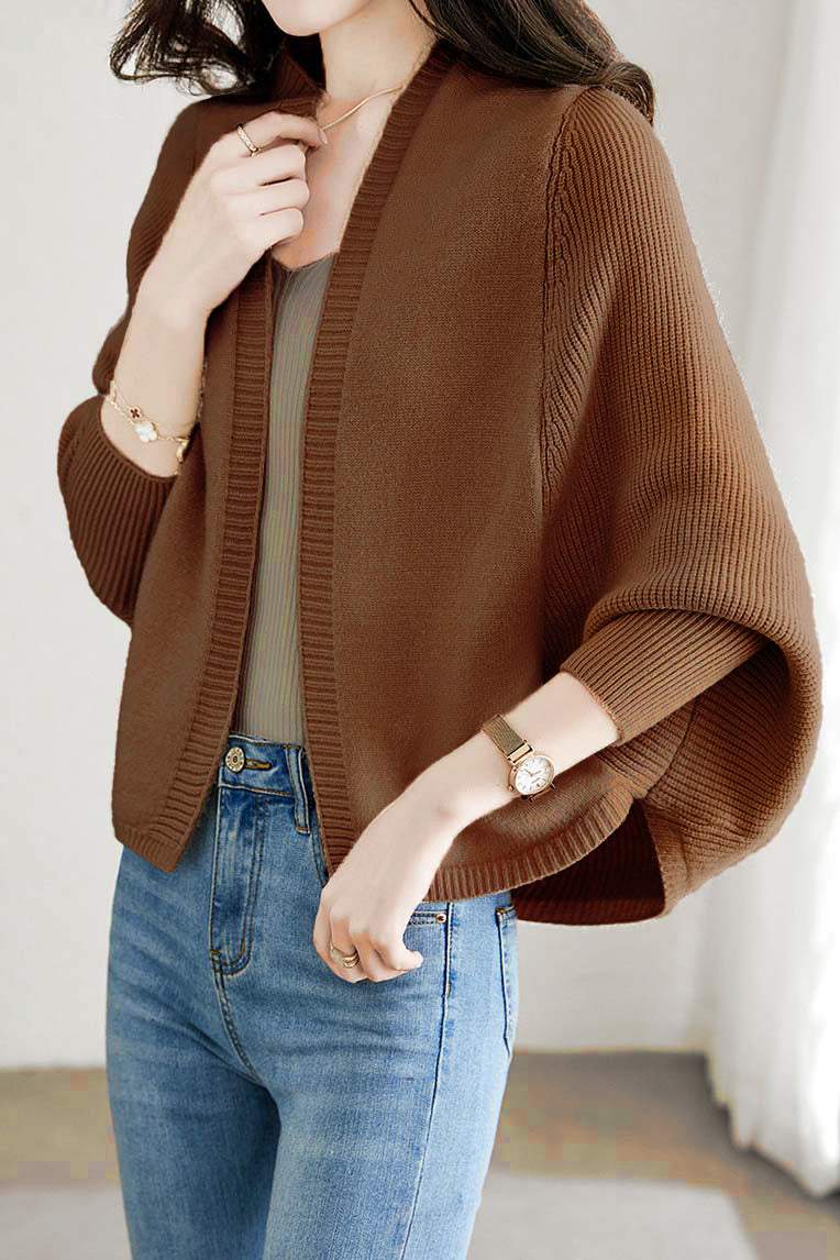 Plain Batwing Sleeve Hooded Knit Cardigan