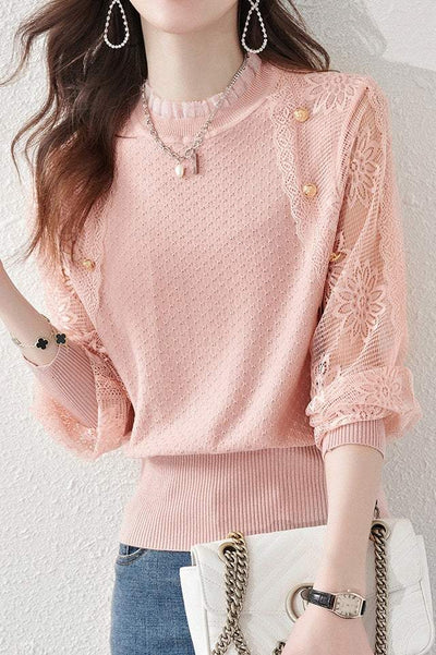 Button Decor Flower Tulle Sleeve Knit Top - 3 Colors Available