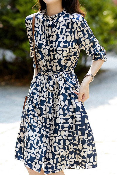 Placket Front Geometric Pattern Belted Shirt Dress