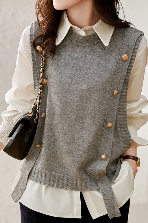 Two-piece set, knitted vest with round button decoration + shirt with frilled collar and frilled cuffs