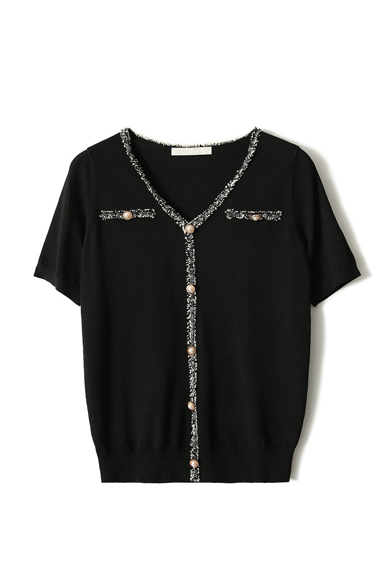 V-neck Tweed Pearl Decorated Knit Top - 2 Colors Available
