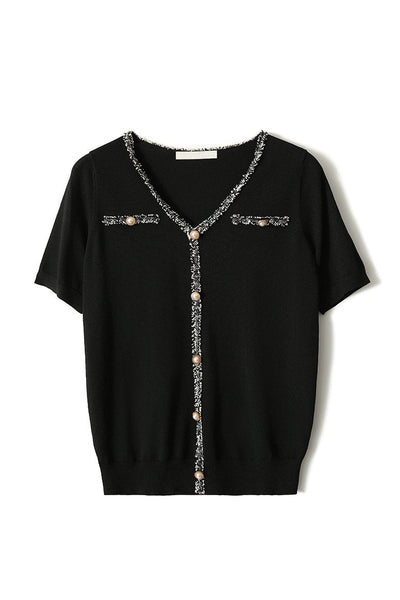 V-neck Tweed Pearl Decorated Knit Top - 2 Colors Available