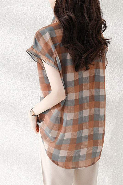 Polo Collar Check Pattern Frill Contrast Blouse