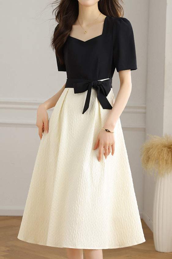 Bi-Color Square Neck Tie-Belted Flare Dress with Lining