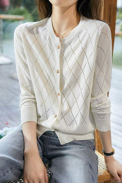 Round Neck Open Knit Check Pattern Cardigan - 3 Colors Available