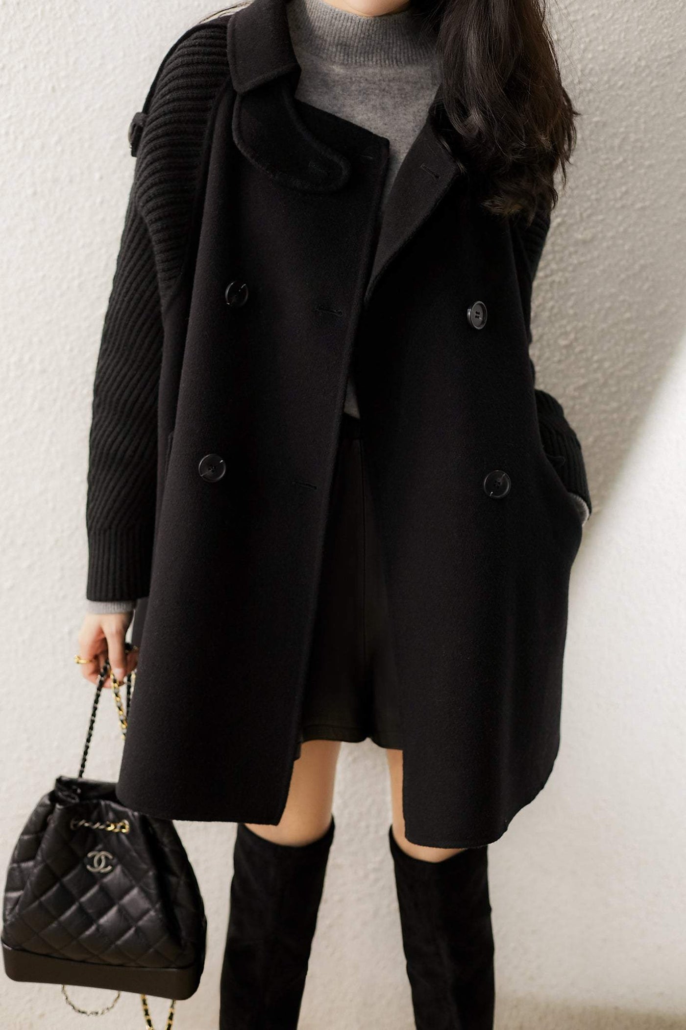 Stand Collar Epaulet Decor Knit Contrast Melton Coat