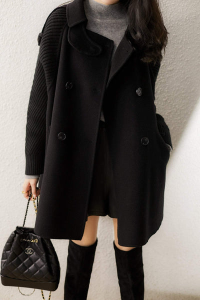 Stand Collar Epaulet Decor Knit Contrast Melton Coat