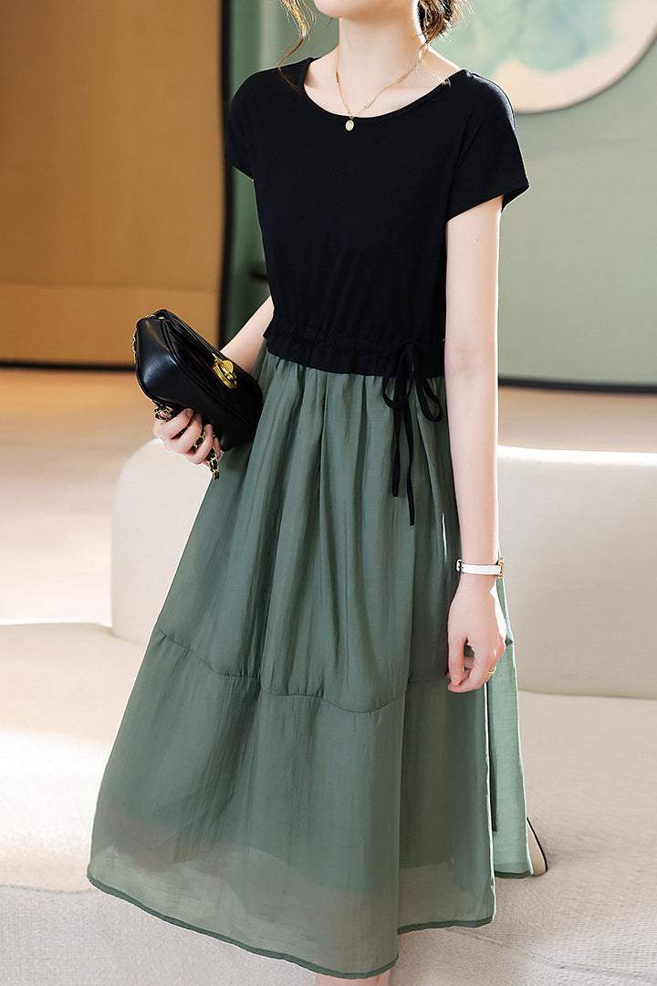 Round Neck Docking Prairie Dress with Lining