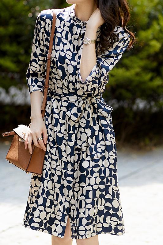 Placket Front Geometric Pattern Belted Shirt Dress