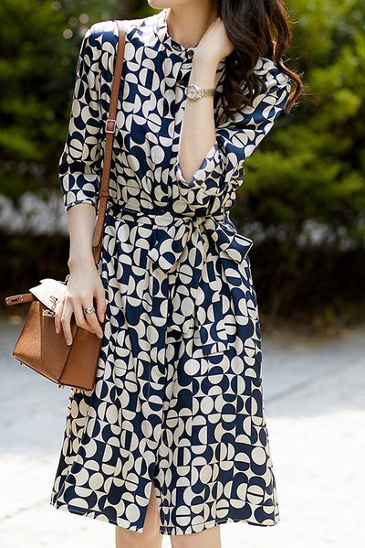 Placket Front Geometric Pattern Belted Shirt Dress