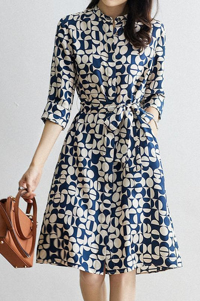 Placket Front Geometric Pattern Belted Shirt Dress
