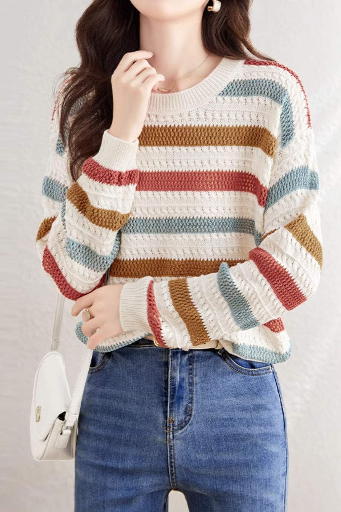 Color-Block Striped Loose Hollow-Out Long Sleeve Top