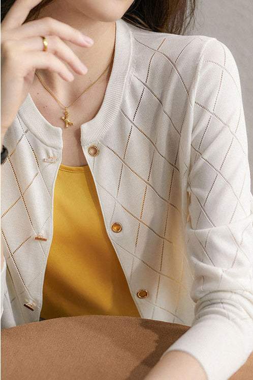 Round Neck Open Knit Check Pattern Cardigan - 3 Colors Available